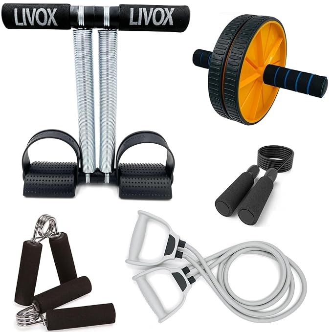 LIVOX Gym Equipment Set for Home Workout Men Women Full Body Gym Equipment Kit – Tummy Trimmer, Resistance Band, Ab Wheel Roller, 2 Hand Gripper, and Skipping Rope