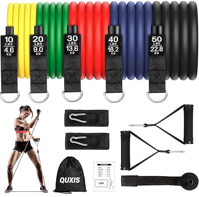 Resistance Tube for Men and Women [Upto 45Kg] | Resistance Band Set & Exercise Bands | Resistance Band for Pull Up | (11 Pieces Tube Set) Gym Equipment for Home Workout | Natural Rubber